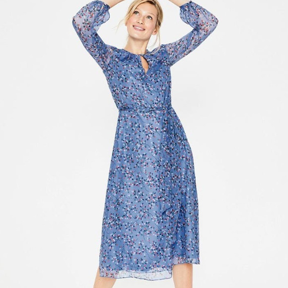 Boden Dresses & Skirts - Boden Women's Kyra Blue Floral 100% Silk Long Sleeve Lined Midi Dress Size 6